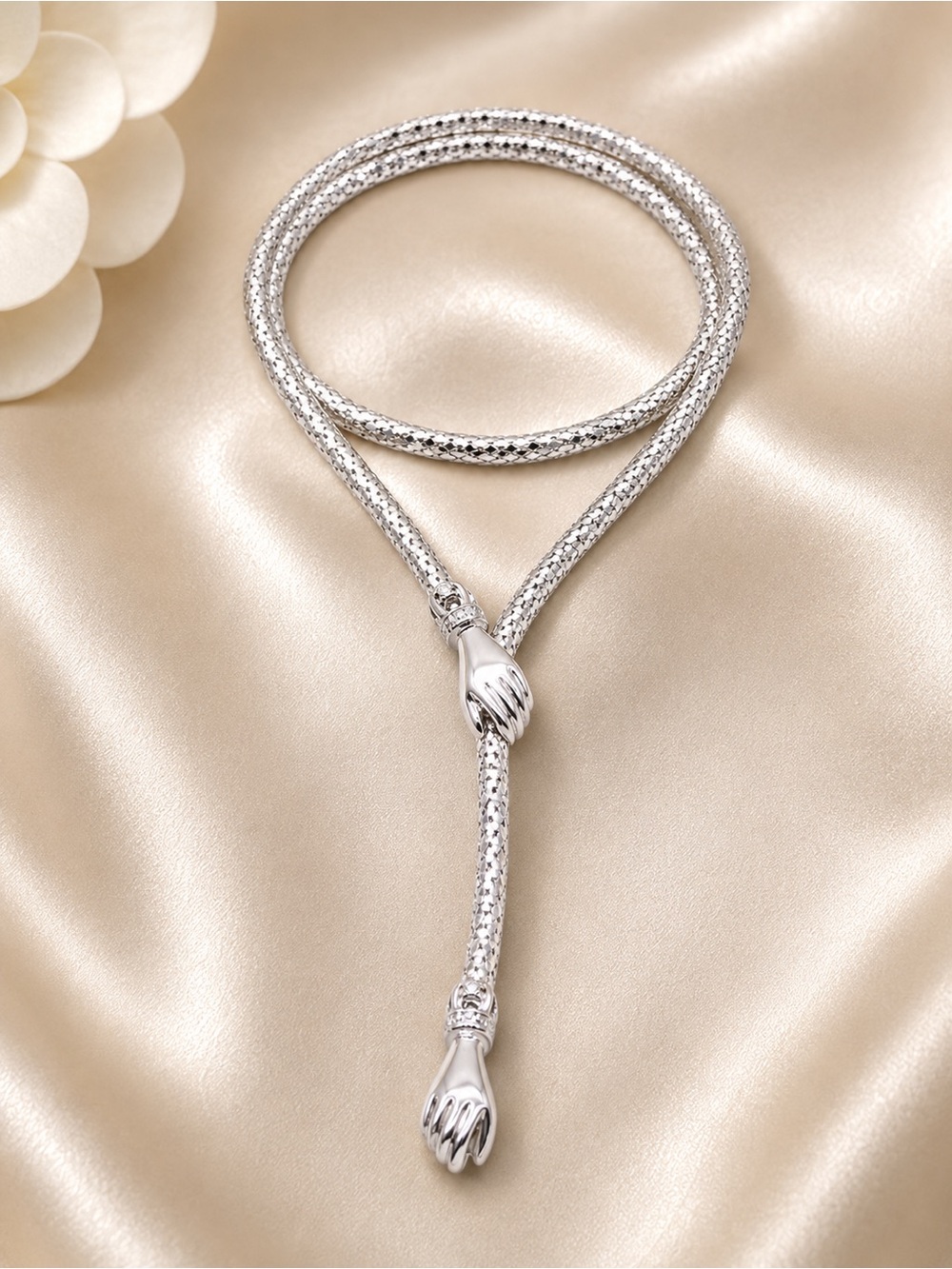 Silver Hand Lariat Necklace Long Statement Y Necklace